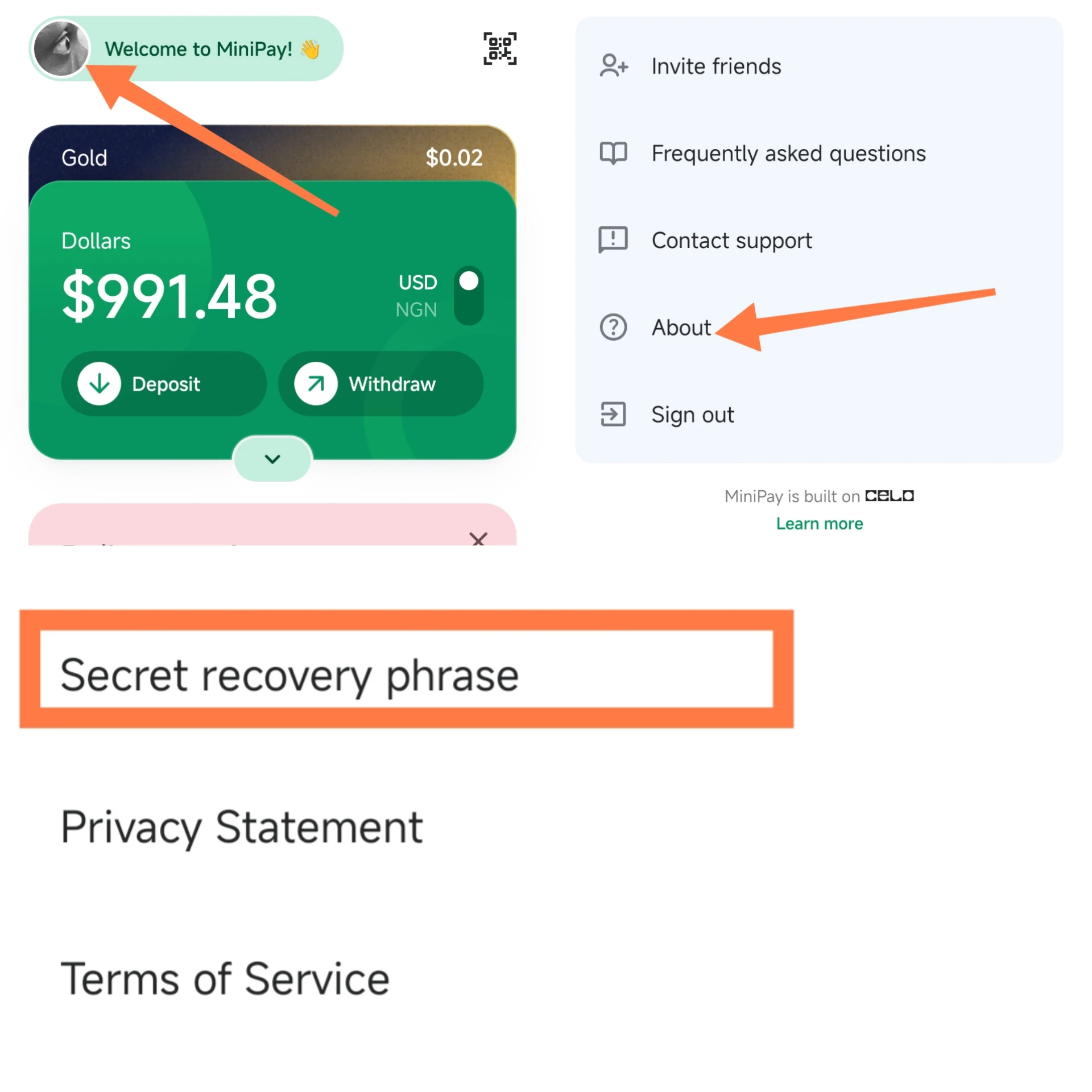 How to access MiniPay secret recovery phrase