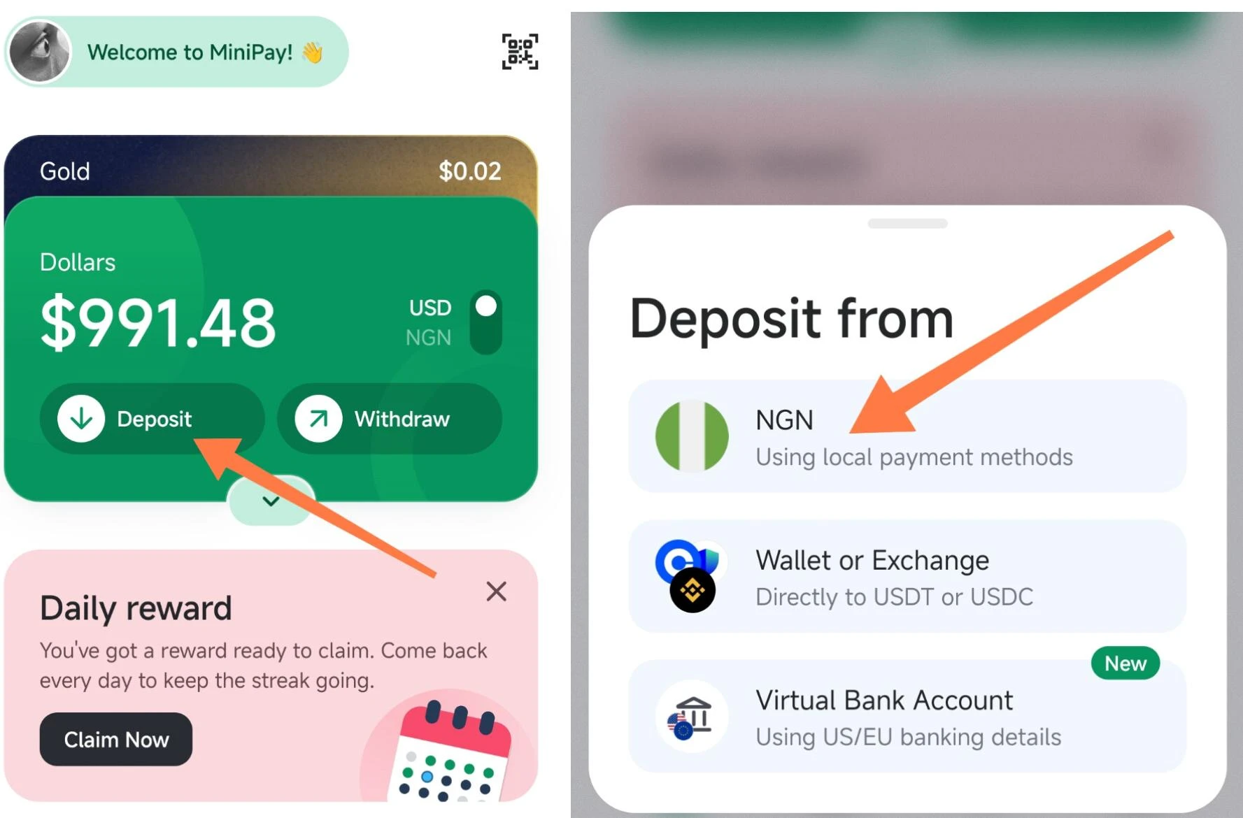 How to deposit on MiniPay