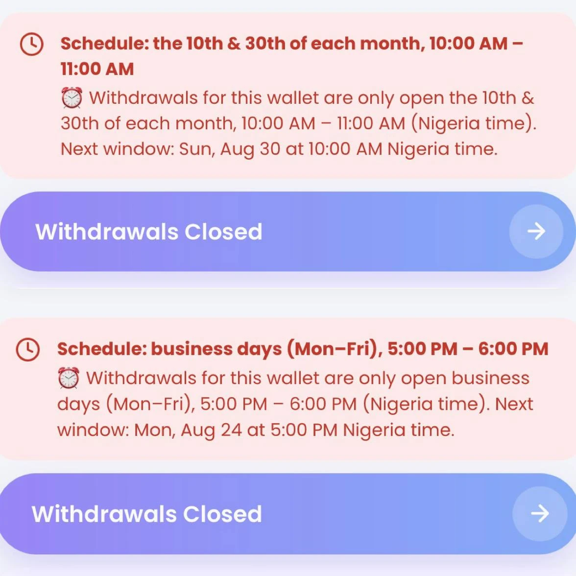 Separate withdrawal conditions 